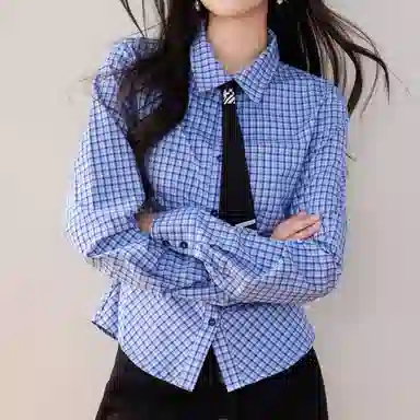 兰缪 设计感时尚气质收腰格子长袖衬衫 女款