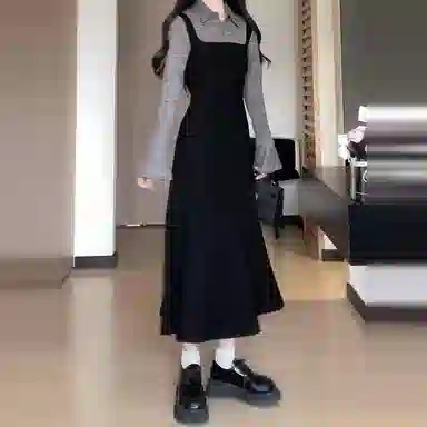 兰缪 高级感法式气质长裙韩系假两件长袖连衣裙 女款