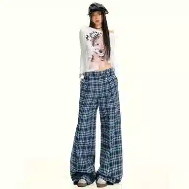 兰缪 美式复古立体格子宽松阔腿垂感显瘦百搭慵懒街头日常松弛感 休闲裤 女款