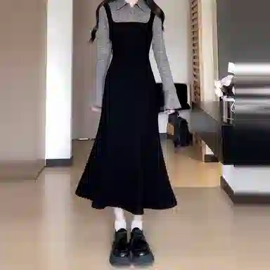 兰缪 高级感法式气质长裙韩系假两件长袖连衣裙 女款