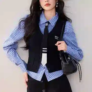 兰缪 设计感时尚气质收腰修身针织衬衫套装背心 女款