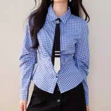 兰缪 设计感时尚气质收腰格子长袖衬衫 女款