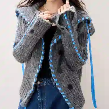 兰缪 慵懒风高级羊毛毛衣飘带装饰舒适柔软大翻领短款外套针织衫 女款