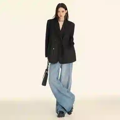 兰缪 休闲风格高级气质双排扣经典戗驳领长袖宽松复古女外套西装 女款