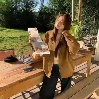 兰缪 美拉德复古麂皮绒高级感雪花巴恩风皮秋季宽松翻领休闲机车外套夹克 女款