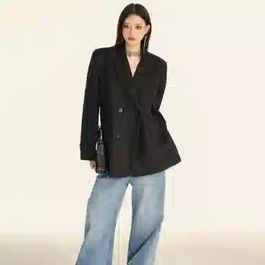 兰缪 休闲风格高级气质双排扣经典戗驳领长袖宽松复古女外套西装 女款