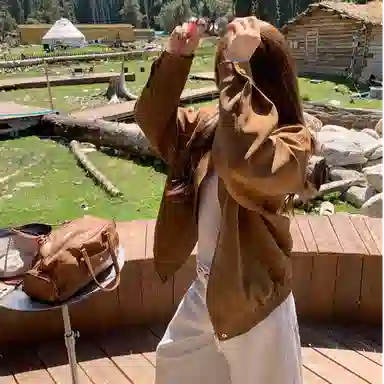 兰缪 美拉德复古麂皮绒高级感雪花巴恩风皮秋季宽松翻领休闲机车外套夹克 女款