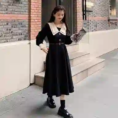 兰缪 大码法式复古少女中长款秋款显瘦小黑裙长袖连衣裙 女款