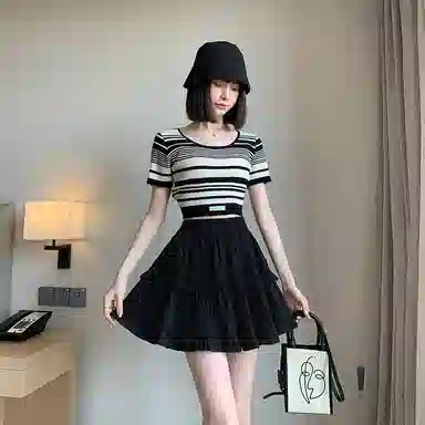 兰缪 松紧腰蛋糕裙高腰收腹时尚有型显腿长双层防走光休闲短裙 女款