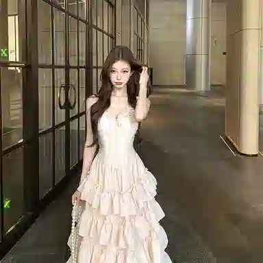 桴生 法式重工蕾丝拼接收腰显瘦立体蛋糕气质度假风长裙吊带连衣裙 女款