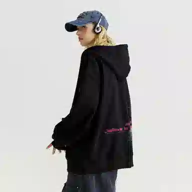 金贝勒 素描图案字母印花简约宽松落肩拉链开衫卫衣 男女同款