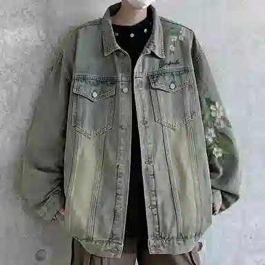金贝勒 美式复古高街手绘立体仿刺绣花卉字母印花水洗做旧拼接翻领秋装夹克无性别主义百搭宽松长袖单排扣牛仔外套 男女同款