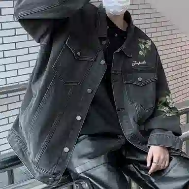 金贝勒 美式复古高街手绘立体仿刺绣花卉字母印花水洗做旧拼接翻领秋装夹克无性别主义百搭宽松长袖单排扣牛仔外套 男女同款