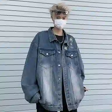 金贝勒 美式高街手绘刺绣植物花卉字母印花复古水洗做旧宽松潮流时尚痞帅慵懒学院翻领单排扣牛仔外套 男女同款