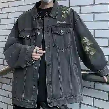 金贝勒 美式复古高街手绘立体仿刺绣花卉字母印花水洗做旧拼接翻领秋装夹克无性别主义百搭宽松长袖单排扣牛仔外套 男女同款