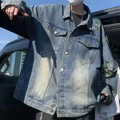 金贝勒 美式复古高街手绘立体仿刺绣花卉字母印花水洗做旧拼接翻领秋装夹克无性别主义百搭宽松长袖单排扣牛仔外套 男女同款