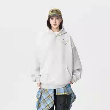 金贝勒 重磅美式复古潮流手绘仿刺绣植物花卉签名字体字母印花基础款简约时尚宽松休闲百搭潮牌长袖落肩套头连帽卫衣 男女同款