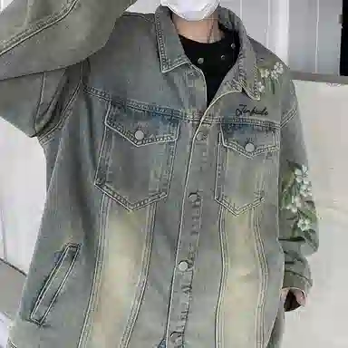 金贝勒 美式复古高街手绘立体仿刺绣花卉字母印花水洗做旧拼接翻领秋装夹克无性别主义百搭宽松长袖单排扣牛仔外套 男女同款