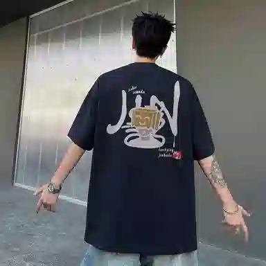 金贝勒 美式高街卡通动漫圆领落肩宽松短袖中腰系带短裤休闲运动套装 男女同款