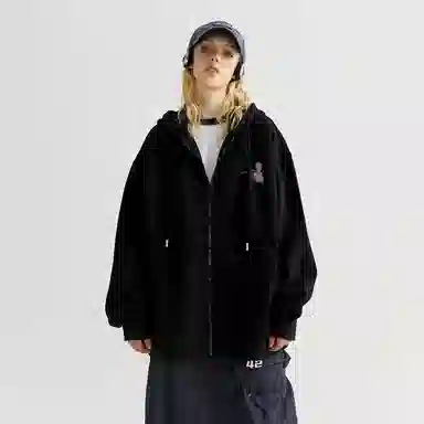 金贝勒 素描图案字母印花简约宽松落肩拉链开衫卫衣 男女同款