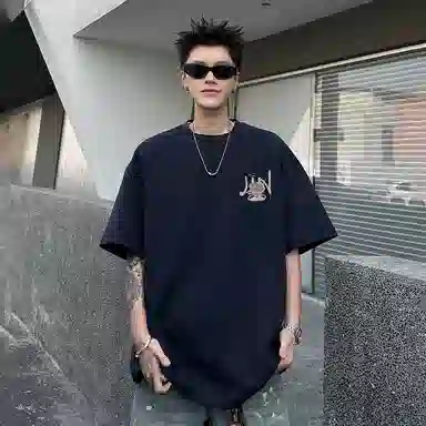金贝勒 美式高街卡通动漫圆领落肩宽松短袖中腰系带短裤休闲运动套装 男女同款