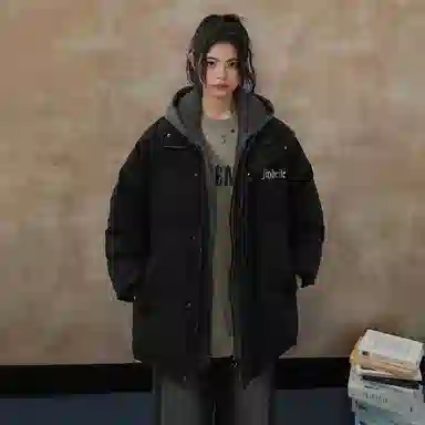 金贝勒 美式复古高等字母印花假两件拼接冬装外套宽松休闲百搭慵懒学院风防寒保暖加厚连帽情侣羽绒服 男女同款