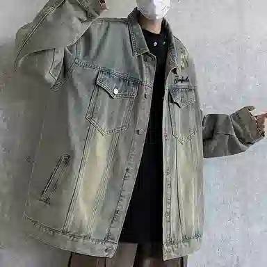 金贝勒 美式复古高街手绘立体仿刺绣花卉字母印花水洗做旧拼接翻领秋装夹克无性别主义百搭宽松长袖单排扣牛仔外套 男女同款