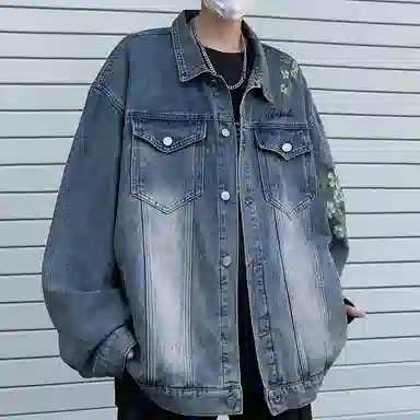 金贝勒 美式复古高街手绘立体仿刺绣花卉字母印花水洗做旧拼接翻领秋装夹克无性别主义百搭宽松长袖单排扣牛仔外套 男女同款