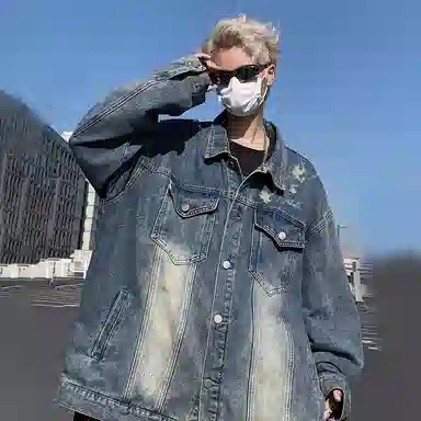 金贝勒 美式高街手绘刺绣植物花卉字母印花复古水洗做旧宽松潮流时尚痞帅慵懒学院翻领单排扣牛仔外套 男女同款