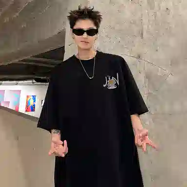 金贝勒 美式高街卡通动漫圆领落肩宽松短袖中腰系带短裤休闲运动套装 男女同款