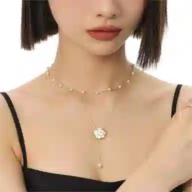 骊碧 香港轻奢珍珠山茶花双层叠戴 气质浪漫 实用高档 有意义 铜 项链 女款