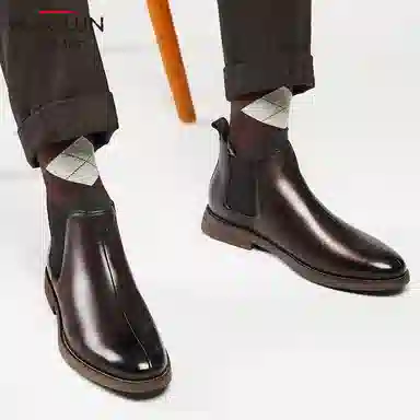 澳伦 头层牛皮 软皮舒适 及踝 切尔西靴 男款 棕色