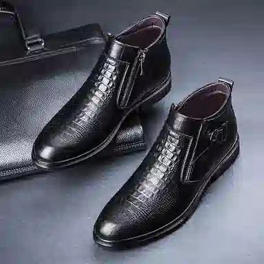 头层牛皮 经典商务时尚潮流加绒保暖鳄鱼纹皮面百搭显瘦增高 短靴 男款 黑色