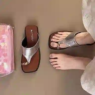 莫代尔 时尚法式配裙子外穿高跟 橡胶底 防臭防磨人字拖鞋 女