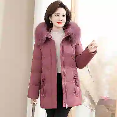 雅鹿 纯色毛领连帽中老年羽绒服 女款