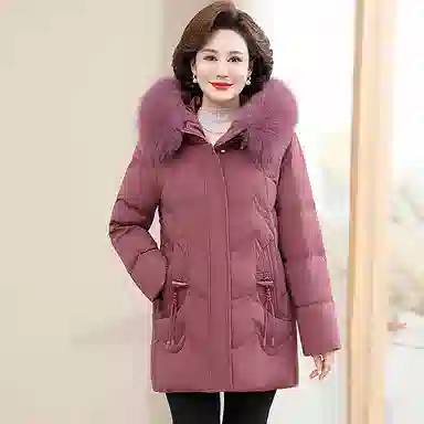 雅鹿 纯色毛领连帽中老年羽绒服 女款