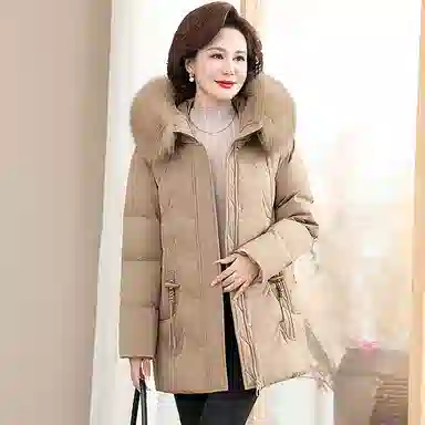 雅鹿 纯色毛领连帽中老年羽绒服 女款