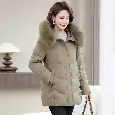 雅鹿 毛领宽松连帽中长款厚羽绒服 女款