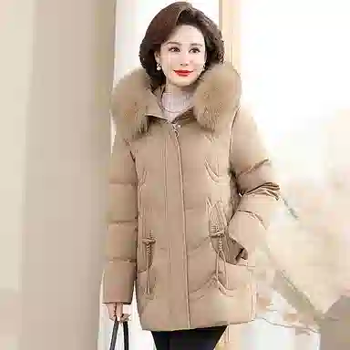 雅鹿 纯色毛领连帽中老年羽绒服 女款