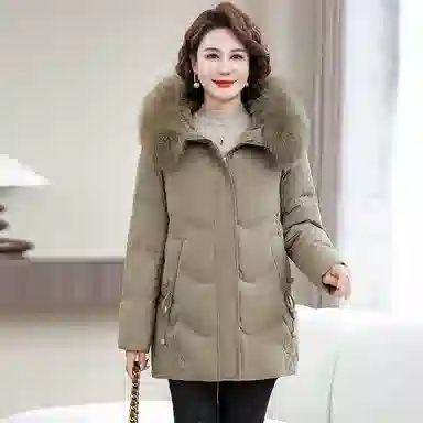 雅鹿 毛领宽松连帽中长款厚羽绒服 女款