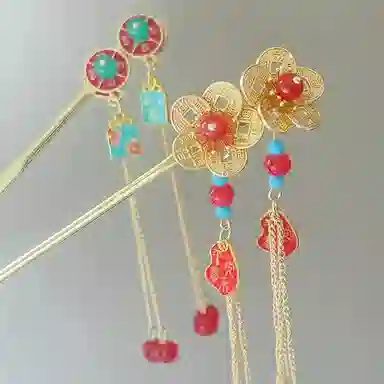 简应舒 古风花朵铜钱 合金 配件发簪 男女同款情侣款