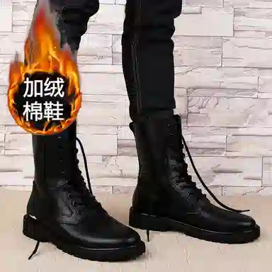 酷丁 二层牛皮 保暖防滑 加厚加绒 中筒 户外靴 男女同款 黑色