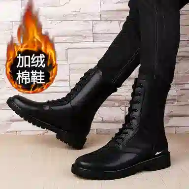 酷丁 二层牛皮 保暖防滑 加厚加绒 中筒 户外靴 男女同款 黑色