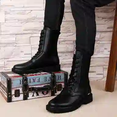 酷丁 二层牛皮 保暖防滑 加厚加绒 中筒 户外靴 男女同款 黑色