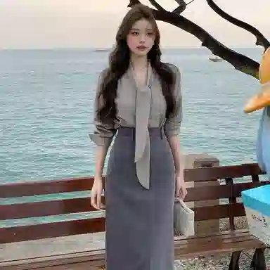 桴生 法式韩系气质飘带高腰长袖衬衫半身裙修身显瘦教资面试穿搭裙装套装 女款