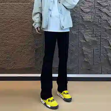 悍戈 美式废土风微喇 个性宽松弹力保暖性街头嘻哈宽松弹力高街百搭中腰垂坠柔软不硬水洗做旧黄泥染工装保暖加绒牛仔裤 男女同款