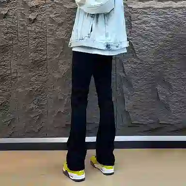 悍戈 美式废土风微喇 个性宽松弹力保暖性街头嘻哈宽松弹力高街百搭中腰垂坠柔软不硬水洗做旧黄泥染工装保暖加绒牛仔裤 男女同款