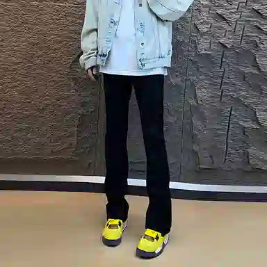悍戈 美式废土风微喇 个性宽松弹力保暖性街头嘻哈宽松弹力高街百搭中腰垂坠柔软不硬水洗做旧黄泥染工装保暖加绒牛仔裤 男女同款