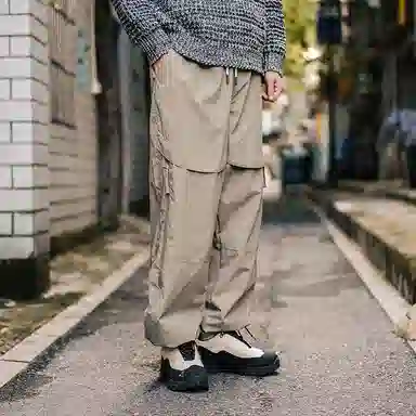 兔先森 山系撞色字母刺绣多拉链摇粒绒加绒加厚保暖裤脚可调节直筒宽松工装长裤休闲裤 男女同款