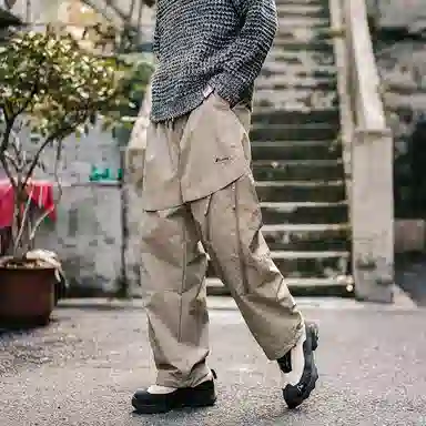 兔先森 山系撞色字母刺绣多拉链摇粒绒加绒加厚保暖裤脚可调节直筒宽松工装长裤休闲裤 男女同款